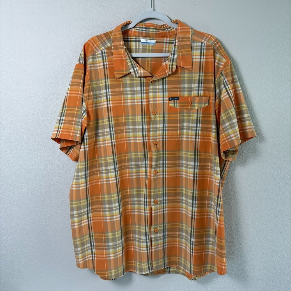 Columbia Button Front Shirt Mens 2XL Orange Plaid Short Sleeve Casual Preppy